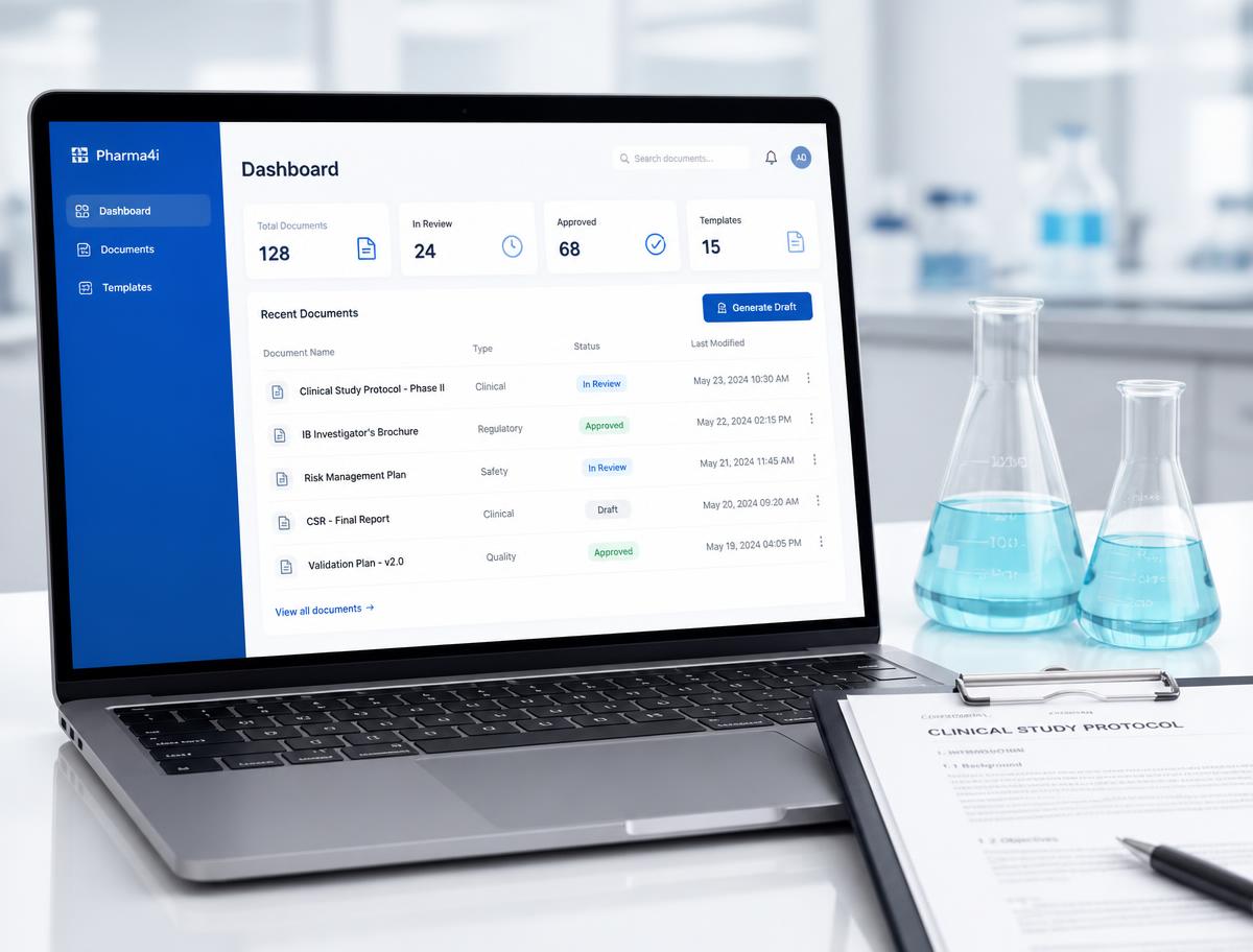 Pharma4i dashboard on a laptop beside laboratory glassware and a clinical study protocol document